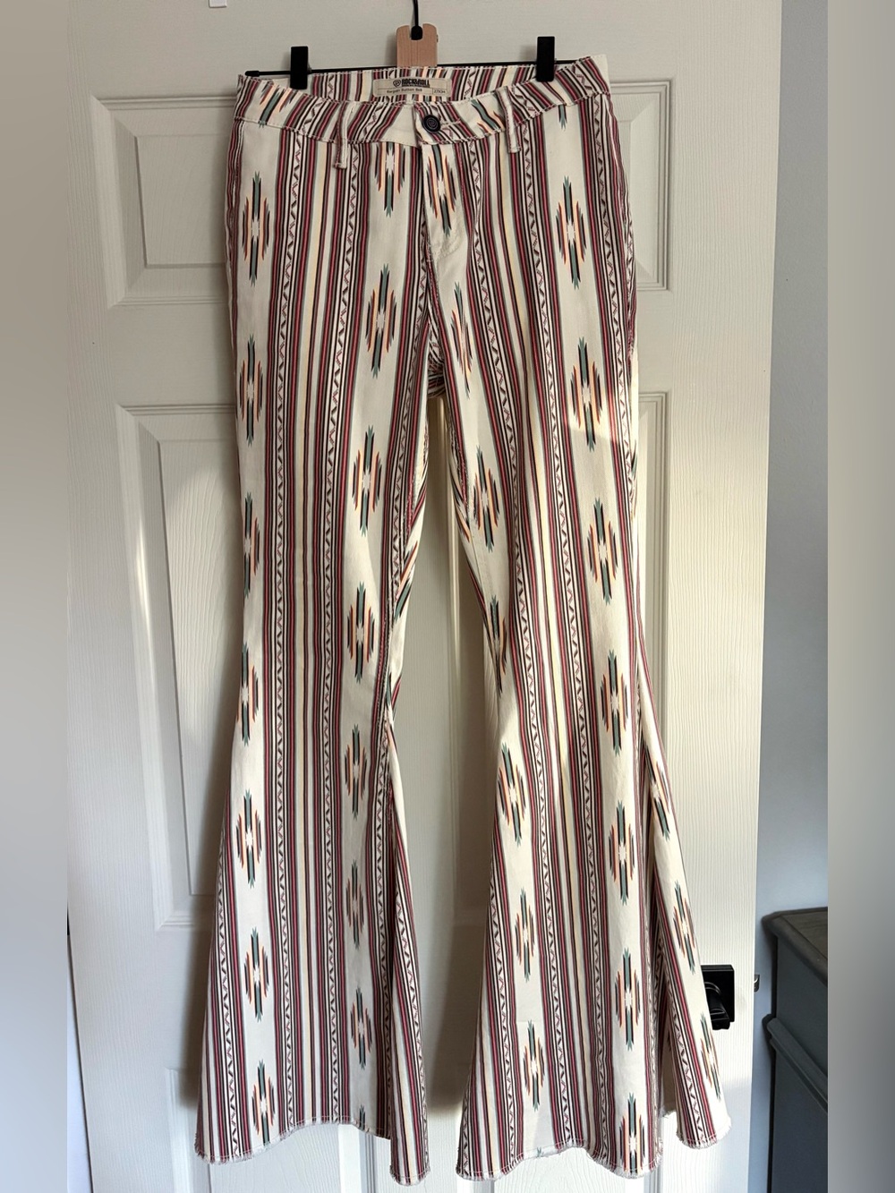 Rock & Roll Denim Cream Aztec-Stripe Bellbottom Flare Pants